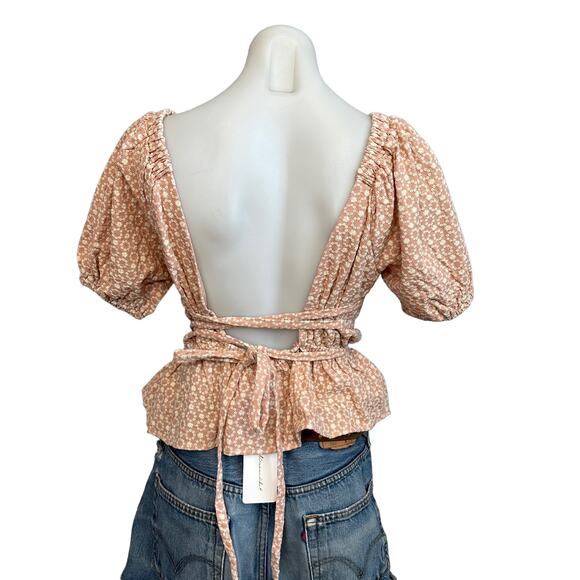 Line & Dot Pink Peasant Top MEDIUM Milkmaid Embroider Backless Puff Sleeve NEW - Picture 7 of 9